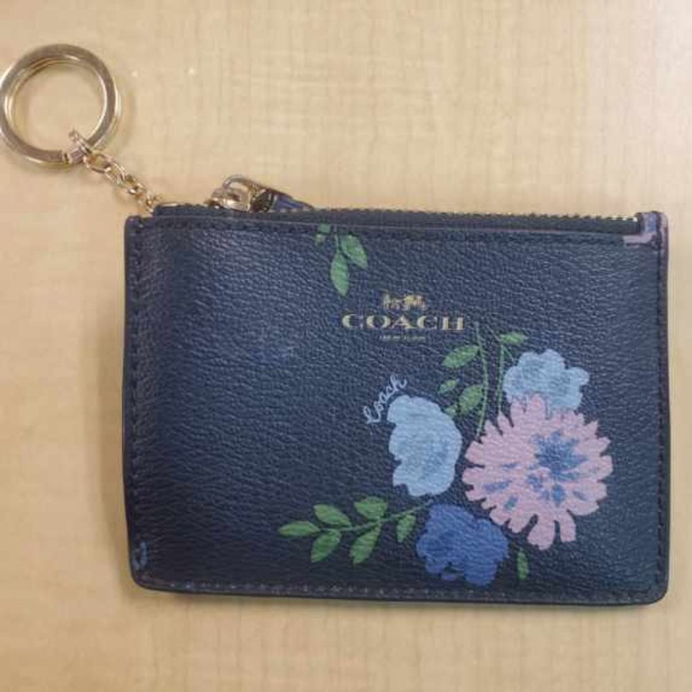 COACH Mini Wallet Change Pouch Keychain - Black with flowers